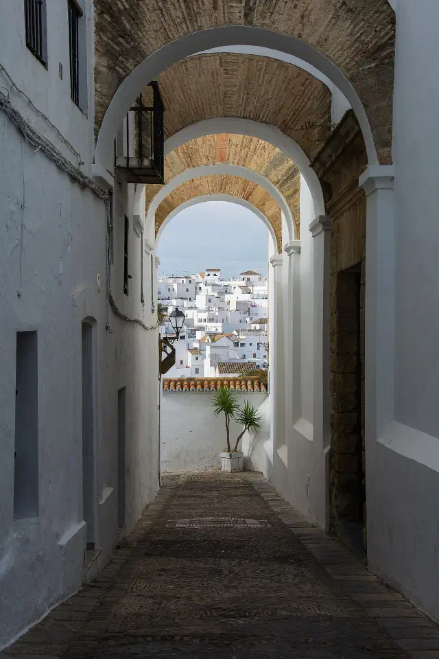 Casco Antiguo van Vejer de la Frontera met witgekalkte huizen op de heuvel